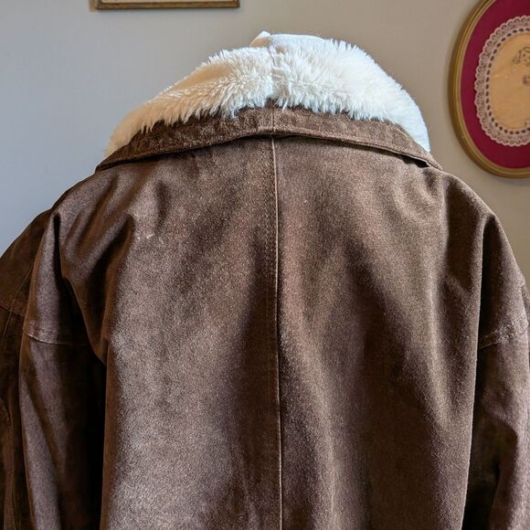 Vintage 90s Midwest Traders Suede Chore Coat Faux Sherpa Leather Jacket Size L - Picture 9 of 10